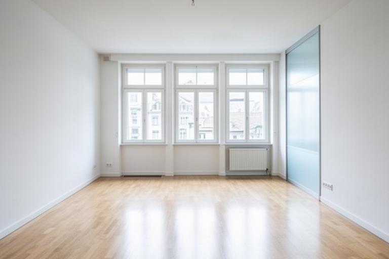 Leere Zürcher Wohnung nach gründlicher Umzugsreinigung mit sauberen Böden und geputzten Fenstern vor der Schlüsselübergabe
